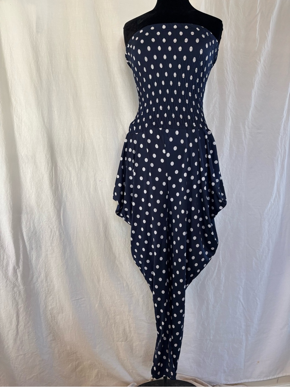 Navy White Polka Dot Strapless Jumpsuit Smocked Bodice Harem Pants Balloon Leg